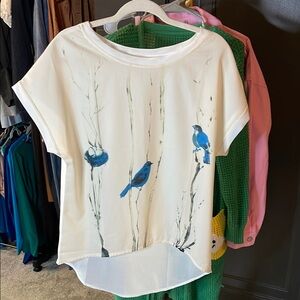 White and Blue Bird Print Women's Top